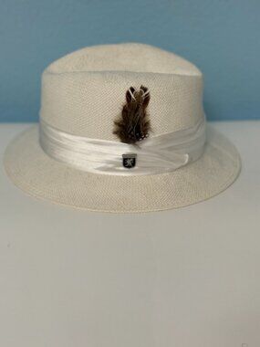 Stacy Adams Fedora Beige Straw Hat with Silk Band Feather and Logo Pin Trim